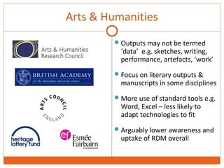 Arts & Humanities 
Outputs may not be termed 
‘data’ e.g. sketches, writing, 
performance, artefacts, ‘work’ 
Focus on literary outputs & 
manuscripts in some disciplines 
More use of standard tools e.g. 
Word, Excel – less likely to 
adapt technologies to fit 
Arguably lower awareness and 
uptake of RDM overall 
 