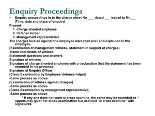 Enquiry Proceedings Enquiry proceedings in to the charge sheet No____ dated ___ issued to Mr.___ (Time, date and place of enquiry) Present 1. Charge sheeted employee 2. Defense helper 3. Management representative The charges leveled against the employee were read over and explained to the employee. (Examination of management witness- statement in support of charges) Name and details of witness Statement/ questions and answers Signature of witness Signature of charge sheeted employee with a declaration that the statement has been recorded in his presence Signature of Enquiry Officer (Cross Examination by Employee/ defense helper) -Same process as above- (Examination of witness against charges) -Same process as above- (Cross Examination by management representative) -Same process as above- * If any one does not want to cross examine, the same may be recorded as “ opportunity given for cross examination but declined  to cross examine” with signatures 