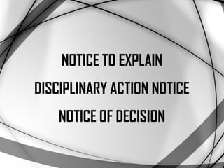 NOTICE TO EXPLAIN
DISCIPLINARY ACTION NOTICE
NOTICE OF DECISION
 