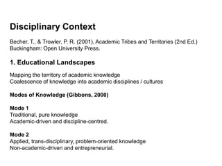 Disciplinary Context
Becher, T., & Trowler, P. R. (2001). Academic Tribes and Territories (2nd Ed.)
Buckingham: Open University Press.

1. Educational Landscapes
Mapping the territory of academic knowledge
Coalescence of knowledge into academic disciplines / cultures

Modes of Knowledge (Gibbons, 2000)

Mode 1
Traditional, pure knowledge
Academic-driven and discipline-centred.

Mode 2
Applied, trans-disciplinary, problem-oriented knowledge
Non-academic-driven and entrepreneurial.
 