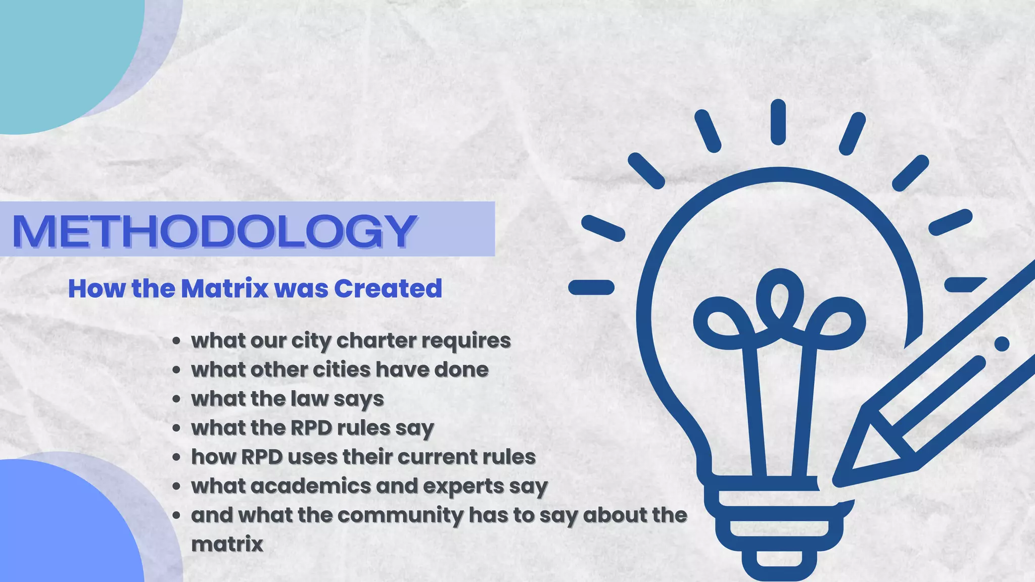 METHODOLOGY
METHODOLOGY
How the Matrix was Created
what our city charter requires
what our city charter requires
what other cities have done
what other cities have done
what the law says
what the law says
what the RPD rules say
what the RPD rules say
how RPD uses their current rules
how RPD uses their current rules
what academics and experts say
what academics and experts say
and what the community has to say about the
and what the community has to say about the
matrix
matrix
 