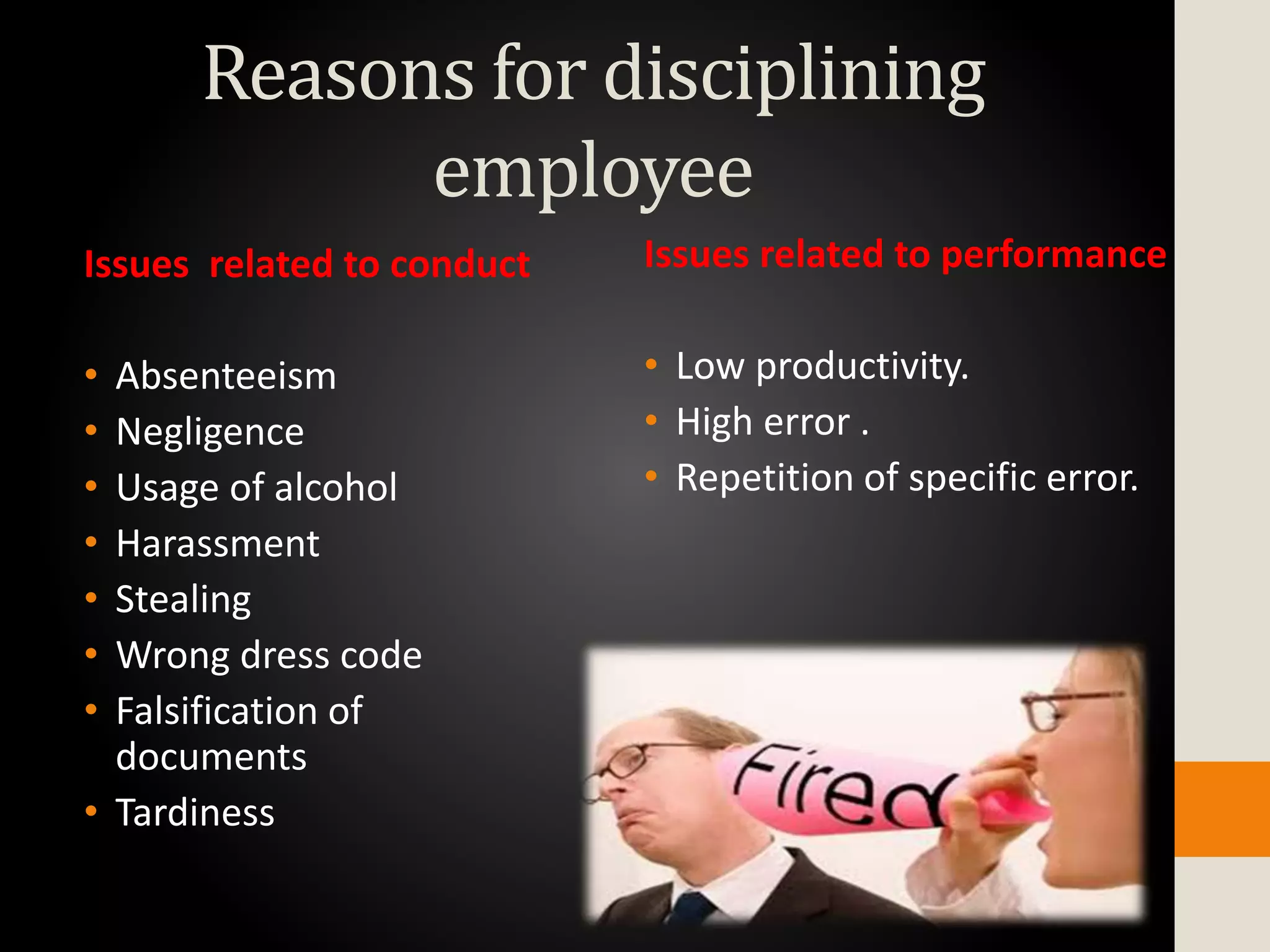 Reasons for disciplining
employee
Issues related to conduct
• Absenteeism
• Negligence
• Usage of alcohol
• Harassment
• Stealing
• Wrong dress code
• Falsification of
documents
• Tardiness
Issues related to performance
• Low productivity.
• High error .
• Repetition of specific error.
 