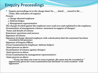 Enquiry Proceedings
 Enquiry proceedings in to the charge sheet No____ dated ___ issued to Mr.___
(Time, date and place of enquiry)
Present
1. Charge sheeted employee
2. Defense helper
3. Management representative
The charges leveled against the employee were read over and explained to the employee.
(Examination of management witness- statement in support of charges)
Name and details of witness
Statement/ questions and answers
Signature of witness
Signature of charge sheeted employee with a declaration that the statement has been
recorded in his presence
Signature of Enquiry Officer
(Cross Examination by Employee/ defense helper)
-Same process as above-
(Examination of witness against charges)
-Same process as above-
(Cross Examination by management representative)
-Same process as above-
* If any one does not want to cross examine, the same may be recorded as “
opportunity given for cross examination but declined to cross examine” with
signatures
 