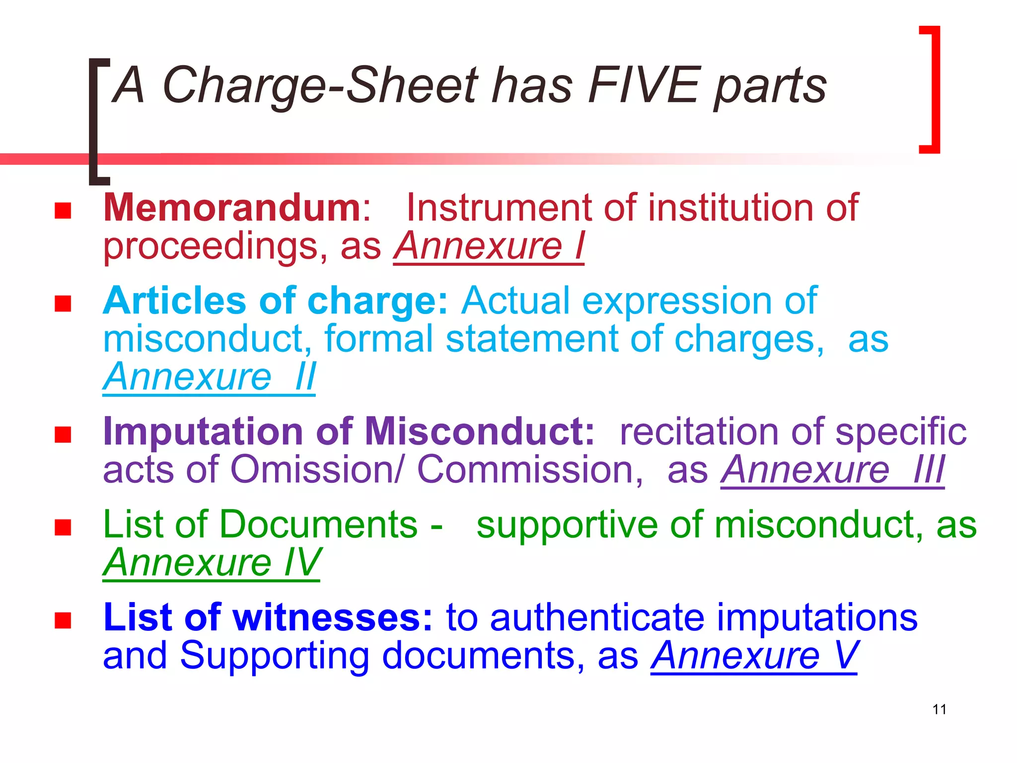11
A Charge-Sheet has FIVE parts
 Memorandum: Instrument of institution of
proceedings, as Annexure I
 Articles of charge: Actual expression of
misconduct, formal statement of charges, as
Annexure II
 Imputation of Misconduct: recitation of specific
acts of Omission/ Commission, as Annexure III
 List of Documents - supportive of misconduct, as
Annexure IV
 List of witnesses: to authenticate imputations
and Supporting documents, as Annexure V
 