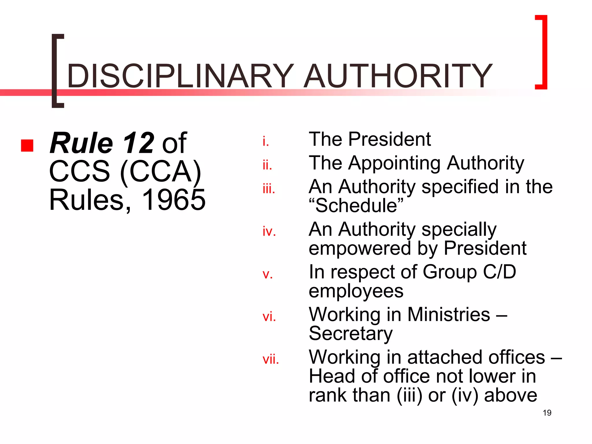 19
DISCIPLINARY AUTHORITY
 Rule 12 of
CCS (CCA)
Rules, 1965
i. The President
ii. The Appointing Authority
iii. An Authority specified in the
“Schedule”
iv. An Authority specially
empowered by President
v. In respect of Group C/D
employees
vi. Working in Ministries –
Secretary
vii. Working in attached offices –
Head of office not lower in
rank than (iii) or (iv) above
 