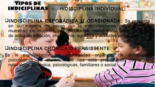 TIPOS DE
INDICIPLINAS 1. INDISCIPLINA INDIVIDUAL:
INDISCIPLINA ESPORÁDICA U OCASIONADA: Se presenta
en su mayoría de veces por la indisposiciones pasajeras que
muestran los alumnos, por dificultades, malos tratos, acompañados
de actos de irritación, impaciente, agresiva y actitudes antisociales.
INDISCIPLINA CRÓNICA O PERSISTENTE:
Es la manifestación de anormalidad orgánica, de desajustes
psicológicas del alumno, que nos está presentando casos de
naturaleza: Biológica, psicológicas, familiares o social.
 