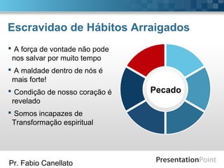 Pr. Fabio Canellato
Escravidao de Hábitos Arraigados
Pecado
 A força de vontade não pode
nos salvar por muito tempo
 A maldade dentro de nós é
mais forte!
 Condição de nosso coração é
revelado
 Somos incapazes de
Transformação espiritual
 