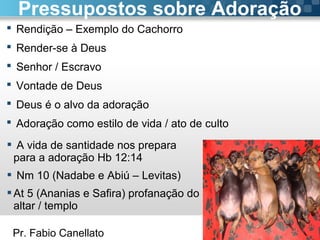 Pr. Fabio Canellato
 Rendição – Exemplo do Cachorro
 Render-se à Deus
 Senhor / Escravo
 Vontade de Deus
 Deus é o alvo da adoração
 Adoração como estilo de vida / ato de culto
Pressupostos sobre Adoração
 A vida de santidade nos prepara
para a adoração Hb 12:14
 Nm 10 (Nadabe e Abiú – Levitas)
At 5 (Ananias e Safira) profanação do
altar / templo
 