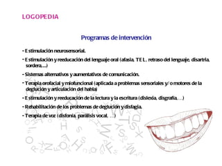 Programas de intervención - Estimulación neurosensorial.  Estimulación y reeducación del lenguaje oral (afasia, TEL, retraso del lenguaje, disartria,  sordera,...)  - Sistemas alternativos y aumentativos de comunicación.  Terapia orofacial y miofuncional (aplicada a problemas sensoriales y/o motores de la  deglución y articulación del habla)  - Estimulación y reeducación de la lectura y la escritura (dislexia, disgrafía,…)  - Rehabilitación de los problemas de deglución y disfagia.  - Terapia de voz (disfonía, parálisis vocal, …)  LOGOPEDIA 