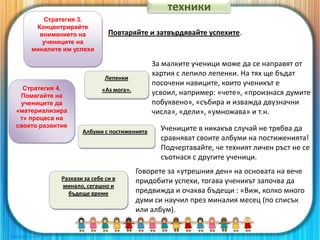 Стратегия 3.
Концентрирайте
вниманието на
учениците на
миналите им успехи
Повтаряйте и затвърдявайте успехите.
Стратегия 4.
Помагайте на
учениците да
«материализира
т» процеса на
своето развитие
Лепенки
«Аз мога».
За малките ученици може да се направят от
хартия с лепило лепенки. На тях ще бъдат
посочени навиците, които ученикът е
усвоил, например: «чете», «произнася думите
побуквено», «събира и изважда двузначни
числа», «дели», «умножава» и т.н.
Албуми с постиженията Учениците в никакъв случай не трябва да
сравняват своите албуми на постиженията!
Подчертавайте, че техният личен ръст не се
съотнася с другите ученици.
Разкази за себе си в
минало, сегашно и
бъдеще време
Говорете за «утрешния ден» на основата на вече
придобити успехи, тогава ученикът започва да
предвижда и очаква бъдещи : «Виж, колко много
думи си научил през миналия месец (по списък
или албум).
техники
 