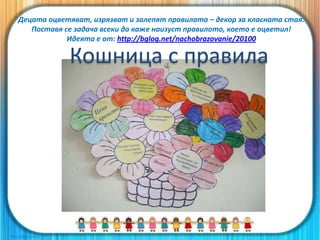 Кошница с правила
Децата оцветяват, изрязват и залепят правилата – декор за класната стая.
Поставя се задача всеки да каже наизуст правилото, което е оцветил!
Идеята е от: http://bglog.net/nachobrazovanie/20100
 