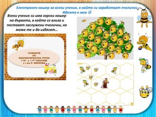 Електронен кошер за всеки ученик, в който си заработват пчелички
Идеята е моя 
Всеки ученик си има горски кошер
на дървото, в който се влиза и
поставят заслужени пчелички, но
може те и да избягат…
 