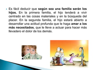    Es fácil deducir que según sea una familia serán los
    hijos. En la primera familia, el hijo tenderá a vivir
    centrado en las cosas materiales y en la búsqueda del
    placer. En la segunda familia, el hijo estará abierto a
    desarrollar una actitud profunda que le haga amar a los
    más necesitados, que le lleve a actuar para hacer más
    llevadero el dolor de los demás.
 