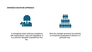 ENFORCED DISCIPLINE APPROACH
A managerial action enforces compliance
with organisations‘ rules and regulations. It
is a common discipline imposed from the
top.
Here the manager exercises his authority
to compel the employees to behave in a
particular way.
 