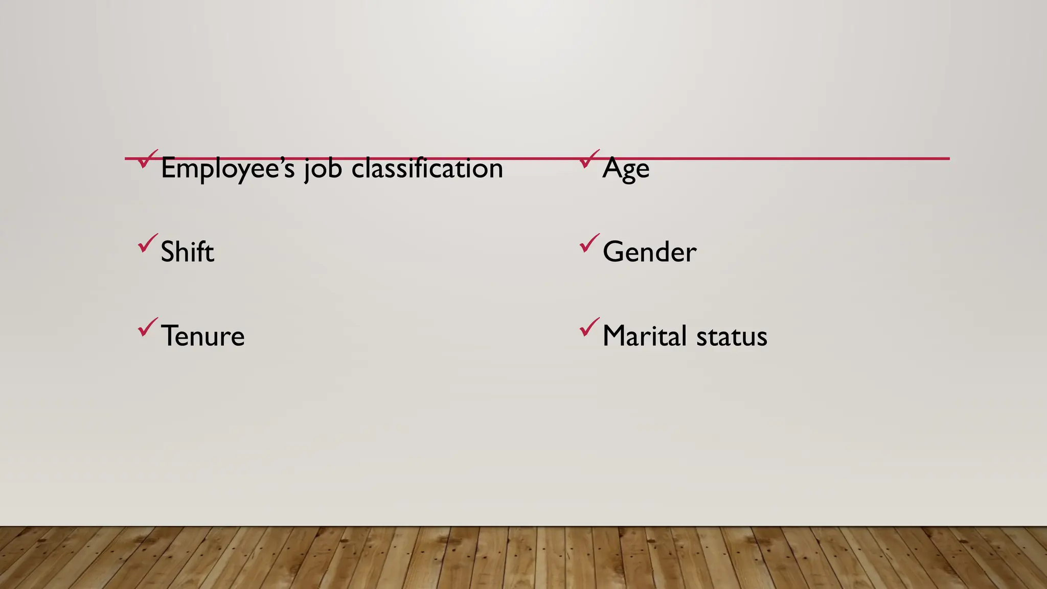 Employee’s job classification
Shift
Tenure
Age
Gender
Marital status
 