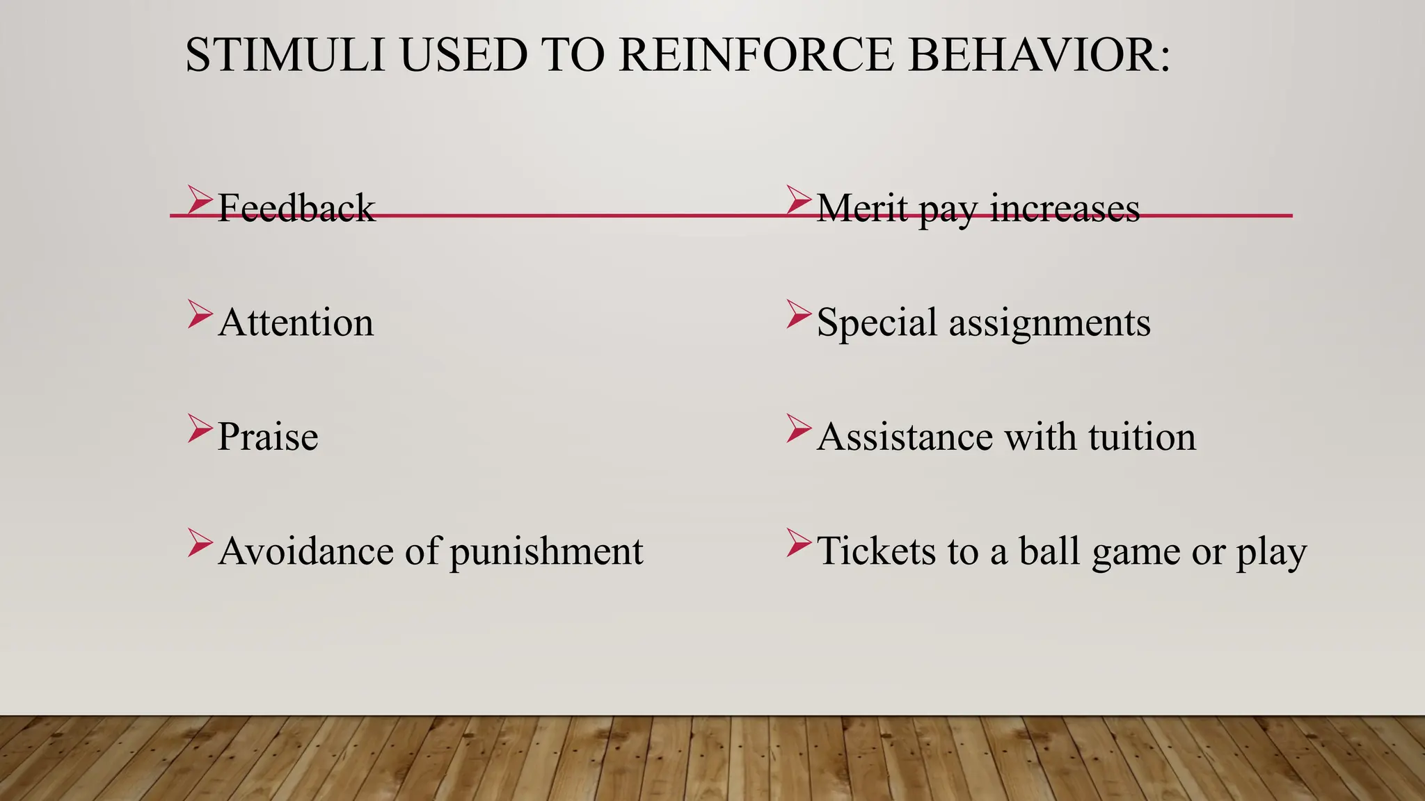STIMULI USED TO REINFORCE BEHAVIOR:
Feedback
Attention
Praise
Avoidance of punishment
Merit pay increases
Special assignments
Assistance with tuition
Tickets to a ball game or play
 