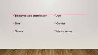 Employee’s job classification
Shift
Tenure
Age
Gender
Marital status
 