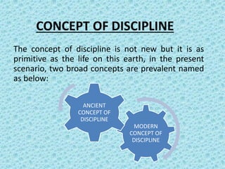 CONCEPT OF DISCIPLINE
The concept of discipline is not new but it is as
primitive as the life on this earth, in the present
scenario, two broad concepts are prevalent named
as below:
MODERN
CONCEPT OF
DISCIPLINE
ANCIENT
CONCEPT OF
DISCIPLINE
 