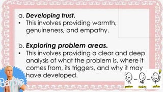 a. Developing trust.
• This involves providing warmth,
genuineness, and empathy.
b. Exploring problem areas.
• This involves providing a clear and deep
analysis of what the problem is, where it
comes from, its triggers, and why it may
have developed.
 