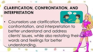 CLARIFICATION, CONFRONTATION, AND
INTERPRETATION
• Counselors use clarification,
confrontation, and interpretation to
better understand and address
clients' issues, while also restating their
words and feelings for better
understanding.
 