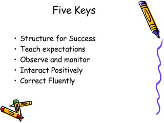 Five Keys <ul><li>Structure for Success </li></ul><ul><li>Teach expectations </li></ul><ul><li>Observe and monitor </li></...