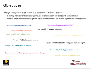 Objec,ves
Design an improved explanation of the recommendation to the user
   Generally in the currently available systems, the recommendation only comes with an overall score
   Increase the recommendation acceptance rate in order to enhance the student experience in social networks


   You answered questions about X,Y, Z.                          You answered questions about X,Y, Z.

                                                 You have A,B,C friends in common
         Your friend asked this question.

  Your friends P,X and Y follows him.
                                                                            You both live at the same state Pernambuco.

            You have X,Y, Z followers in common
                                                                You are both interested in portuguese, maths and english.
You have X,Y, Z concursos in common

                                                                     You have P,Q, R study groups in common.

 Because you have difﬁculty in portuguese, maths and english.
                                                                           Because it is a most searched course




                                                                                                                            5
 