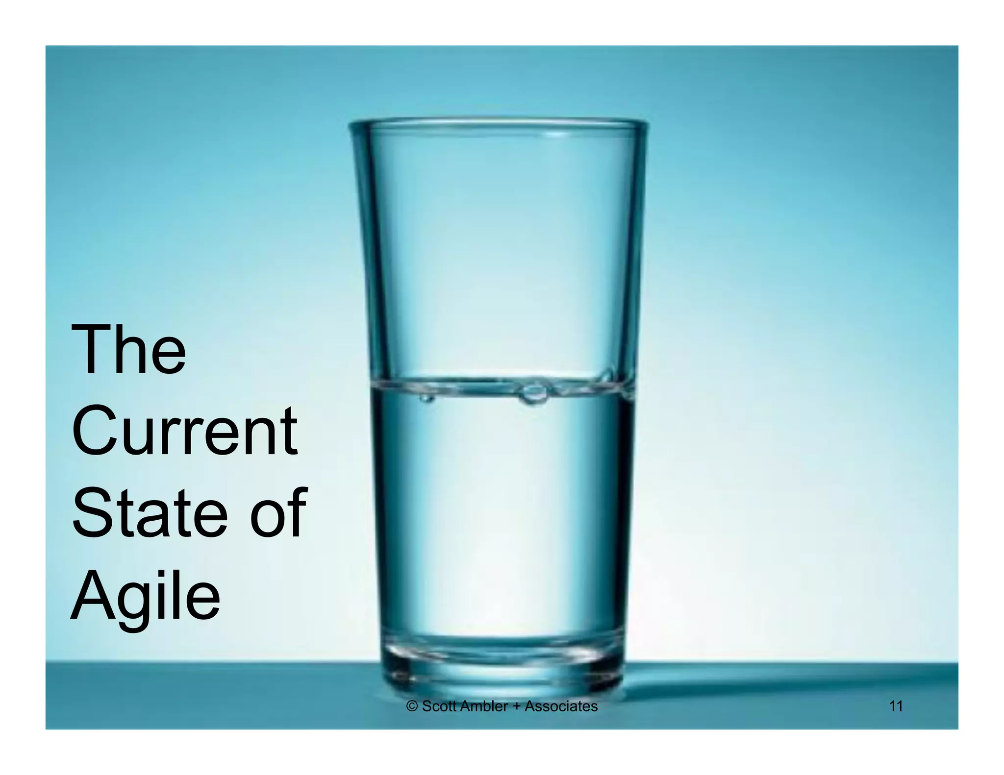 The 
Current 
State of 
Agile 
© Scott Ambler + Associates 11 
 