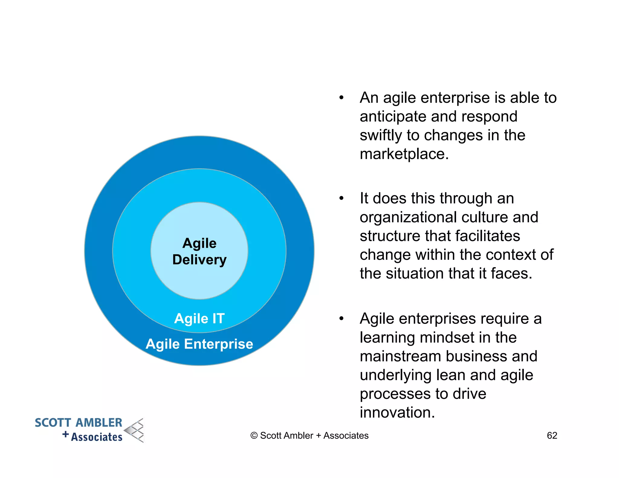 • An agile enterprise is able to 
anticipate and respond 
swiftly to changes in the 
marketplace. 
• It does this through an 
organizational culture and 
structure that facilitates 
change within the context of 
the situation that it faces. 
• Agile enterprises require a 
learning mindset in the 
mainstream business and 
underlying lean and agile 
processes to drive 
innovation. 
Agile 
Delivery 
Agile Enterprise 
© Scott Ambler + Associates 62 
Agile IT 
 