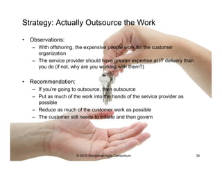 Strategy: Actually Outsource the Work
•  Observations:
–  With offshoring, the expensive people work for the customer
organization
–  The service provider should have greater expertise at IT delivery than
you do (if not, why are you working with them?)
•  Recommendation:
–  If you’re going to outsource, then outsource
–  Put as much of the work into the hands of the service provider as
possible
–  Reduce as much of the customer work as possible
–  The customer still needs to initiate and then govern
© 2015-2016 Disciplined Agile Consortium
 