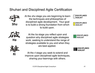 Disciplined Agile Delivery (DAD)
Disciplined Agile Delivery:
The Foundation for Scaling Agile
© 2015-2016 Disciplined Agile Consortium
Scrum LeanKanban
Unified Process Agile Modeling
And more…“Traditional”DevOps
Team Size
Geographic
Distribution
Compliance
Domain
Complexity
Technical
Complexity
Organizational
Distribution
Team Culture
Organizational
Culture
DAD leverages proven strategies from several sources,
providing a decision framework to guide your adoption and
tailoring of them in a context-driven manner.
 