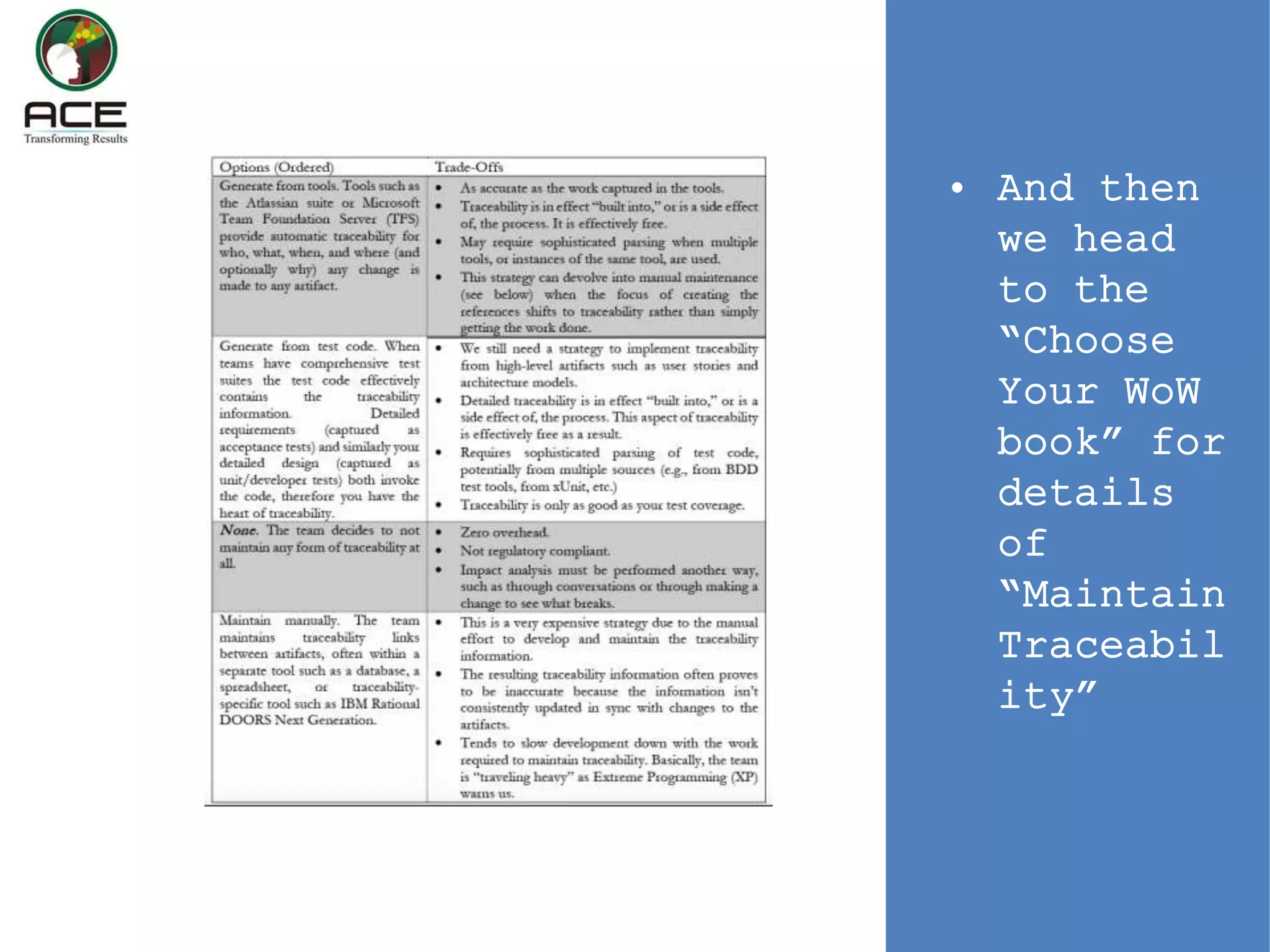 • And then
we head
to the
“Choose
Your WoW
book” for
details
of
“Maintain
Traceabil
ity”
 