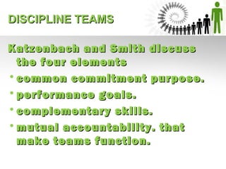 Katzenbach and Smith discussKatzenbach and Smith discuss
the four elementsthe four elements
•common commitment purpose.common commitment purpose.
•performance goals.performance goals.
•complementary skills.complementary skills.
•mutual accountability. thatmutual accountability. that
make teams function.make teams function.
DISCIPLINE TEAMSDISCIPLINE TEAMS
 