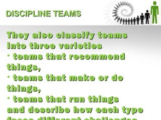 They also classify teamsThey also classify teams
into three varietiesinto three varieties
• teams that recommendteams that recommend
things,things,
• teams that make or doteams that make or do
things,things,
• teams that run thingsteams that run things
and describe how each typeand describe how each type
DISCIPLINE TEAMSDISCIPLINE TEAMS
 