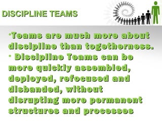 DISCIPLINE TEAMSDISCIPLINE TEAMS
•Teams are much more aboutTeams are much more about
discipline than togetherness.discipline than togetherness.
• Discipline Teams can beDiscipline Teams can be
more quickly assembled,more quickly assembled,
deployed, refocused anddeployed, refocused and
disbanded, withoutdisbanded, without
disrupting more permanentdisrupting more permanent
structures and processesstructures and processes
 
