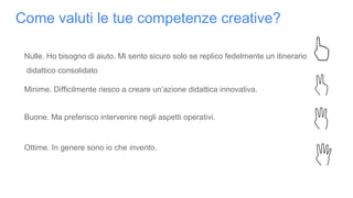 Come valuti le tue competenze creative?
Nulle. Ho bisogno di aiuto. Mi sento sicuro solo se replico fedelmente un itinerario
didattico consolidato
Minime. Difficilmente riesco a creare un’azione didattica innovativa.
Buone. Ma preferisco intervenire negli aspetti operativi.
Ottime. In genere sono io che invento.
 