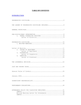 TABLE OF CONTENTS


INTRODUCTION

PROGRESSIVE DISCIPLINE...........................................5


THE LADDER OF PROGRESSIVE DISCIPLINE INCLUDES:...................6


GENERAL PRINCIPLES...............................................7


PRE-DISCIPLINARY INTERVENTION....................................8
      1. VERBAL COUNSELING SESSIONS.............................8
            Letter of Direction..................................9


PROGRESSIVE DISCIPLINE..........................................10
      1. WRITTEN WARNINGS.......................................10


Letter of Warning...............................................11
      2. LETTER OF REPRIMAND...................................13
            Letter of Reprimand.................................14
      3. SUSPENSION............................................16
            Letter of Suspension................................17
      4. DEMOTION..............................................19
            Letter of Dismissal.................................20


THE LOUDERMILL DECISION.........................................22


JUST AND PROPER CAUSE...........................................23


General Rules of Conduct........................................26


January 2004....................................................26


SUPERVISORY RESPONSIBILITY......................................28


PERFORMANCE EVALUATIONS.........................................28


ATTENDANCE POLICY FOR CLASSIFIED EMPLOYEES......................31
      SAMPLE....................................................34
      Written Warning Letter for Attendance.....................34
      SAMPLE....................................................35
 