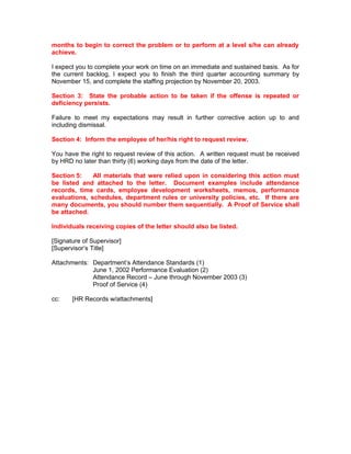 months to begin to correct the problem or to perform at a level s/he can already
achieve.

I expect you to complete your work on time on an immediate and sustained basis. As for
the current backlog, I expect you to finish the third quarter accounting summary by
November 15, and complete the staffing projection by November 20, 2003.

Section 3: State the probable action to be taken if the offense is repeated or
deficiency persists.

Failure to meet my expectations may result in further corrective action up to and
including dismissal.

Section 4: Inform the employee of her/his right to request review.

You have the right to request review of this action. A written request must be received
by HRD no later than thirty (6) working days from the date of the letter.

Section 5:    All materials that were relied upon in considering this action must
be listed and attached to the letter. Document examples include attendance
records, time cards, employee development worksheets, memos, performance
evaluations, schedules, department rules or university policies, etc. If there are
many documents, you should number them sequentially. A Proof of Service shall
be attached.

Individuals receiving copies of the letter should also be listed.

[Signature of Supervisor]
[Supervisor’s Title]

Attachments: Department’s Attendance Standards (1)
             June 1, 2002 Performance Evaluation (2)
             Attendance Record – June through November 2003 (3)
             Proof of Service (4)

cc:    [HR Records w/attachments]
 