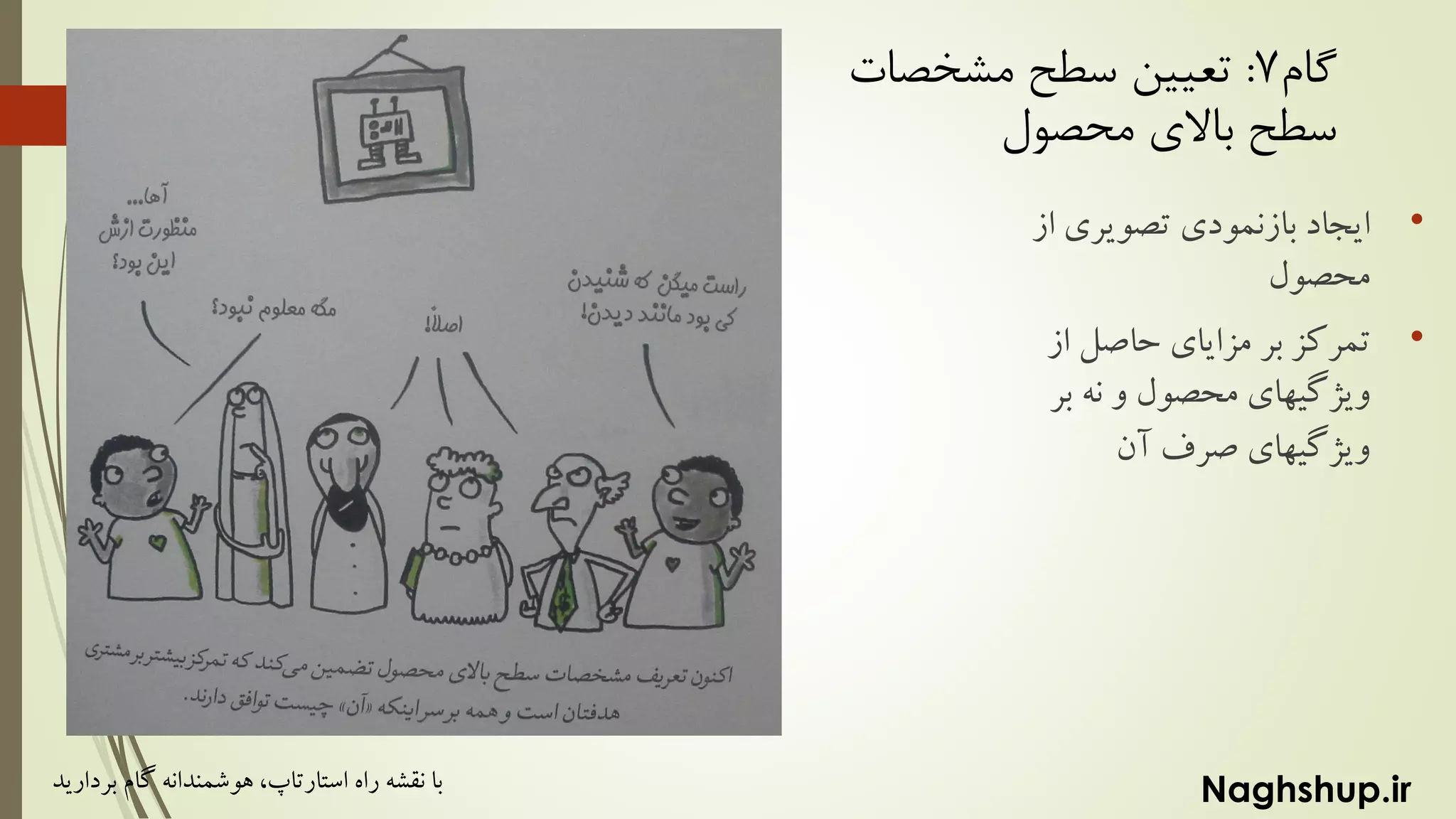 Naghshup.ir‫راه‬ ‫نقشه‬ ‫با‬‫استارتاپ‬‫بردارید‬ ‫گام‬ ‫هوشمندانه‬ ،
‫گام‬7:‫مشخصات‬ ‫سطح‬ ‫تعیین‬
‫محصول‬ ‫باالی‬ ‫سطح‬
•‫تصویری‬ ‫بازنمودی‬ ‫ایجاد‬‫از‬
‫محصول‬
•‫از‬ ‫حاصل‬ ‫مزایای‬ ‫بر‬ ‫تمرکز‬
‫ب‬ ‫نه‬ ‫و‬ ‫محصول‬ ‫ویژگیهای‬‫ر‬
‫آن‬ ‫صرف‬ ‫ویژگیهای‬
 