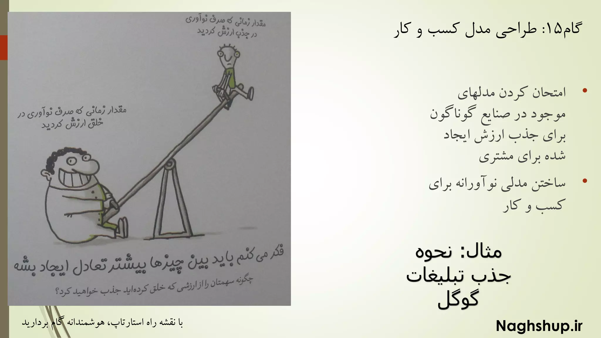 Naghshup.ir‫راه‬ ‫نقشه‬ ‫با‬‫استارتاپ‬‫بردارید‬ ‫گام‬ ‫هوشمندانه‬ ،
‫مثال‬:‫نحوه‬
‫تبلیغات‬ ‫جذب‬
‫گوگل‬
‫گام‬15:‫کار‬ ‫و‬ ‫کسب‬ ‫مدل‬ ‫طراحی‬
•‫مدلهای‬ ‫کردن‬ ‫امتحان‬
‫گوناگون‬ ‫صنایع‬ ‫در‬ ‫موجود‬
‫ایجاد‬ ‫ارزش‬ ‫جذب‬ ‫برای‬
‫مشتری‬ ‫برای‬ ‫شده‬
•‫برای‬ ‫نوآورانه‬ ‫مدلی‬ ‫ساختن‬
‫کار‬ ‫و‬ ‫کسب‬
 