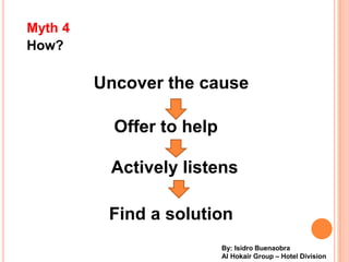Myth 4
How?

         Uncover the cause

           Offer to help

          Actively listens

          Find a solution
                           By: Isidro Buenaobra
                           Al Hokair Group C Hotel Division
 