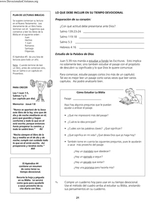 www.DevocionalesCristianos.org

PLAN DE LECTURAS BIBLICAS
Se sugiere comenzar su lectura
en el Nuevo Testamento. Lea
diariamente de un libro hasta
terminar con él. Sugerimos que
comience a leer los libros de la
Biblia en el siguiente orden :
Juan
Hechos
1 Juan
Romanos
Santiago
Filipenses
El Apéndice #5 da una lista de
lecturas para todo un año.
Nota: Cuando termine de leer
un libro, antes de comenzar otro,
lea un Salmo o un capítulo en
Proverbios.

LO QUE DEBE INCLUIR EN SU TIEMPO DEVOCIONAL
Preparación de su corazón:
¿Con qué actitud debe presentarse ante Dios?
Salmo 139:23-24 ___________________________________________
Salmo 119:18 ______________________________________________
Salmo 5:3

_________________________________________________

Hebreos 4:16

______________________________________________

Estudio de la Palabra de Dios
Juan 5:39 nos manda a estudiar a fondo las Escrituras. Esto implica
no solamente leer, sino también estudiar el pasaje con el propósito
de descubrir su significado y lo que Dios le quiere comunicar.
Para comenzar, estudie pasajes cortos (no más de un capítulo).
Tal vez es mejor leer un pasaje corto varias veces que leer varios
capítulos. Así podrá analizarlo bien.

PARA CRECER

Cómo Estudiar La Biblia

Lea 1 Juan 1-5,
Salmos 1 y 5
(un capítulo por día).

Pasaje: ______________________

Memorice Josué 1:8

Aquí hay algunos preguntas que le puedan
ayudar a anilizar el pasaje.

“Nunca se apartará de tu boca
este libro de la ley, sino que de
día y de noche meditarás en él,
para que guardes y hagas
conforme a todo lo que en él
está escrito; porque entonces
harás prosperar tu camino, y
todo te saldrá bien.”
RV

• ¿Qué me impresionó más del pasaje?
• ¿Cuál es la idea principal?
• ¿Cuáles son las palabras claves? ¿Qué significan?

“Recita siempre el libro de la
ley y medita en él de día y de
noche; cumple con cuidado todo
lo que en él erstá escrito. Así
prosperarás y tendrás éxito.”
NVI

• ¿Qué significa en mí vida? ¿Qué desea Dios que yo haga hoy?
• También tome en cuenta las siguientes preguntas, pues le ayudarán
a sacar más provecho del pasaje:
¿Hay un mandato que obedecer?
¿Hay un ejemplo a seguir?
¿Hay un pecado que evitar?

El Apéndice #4
contiene un resumen
de como tener su
tiempo devocional.
Recorte la hoja y péguela
en su Biblia. Le servirá
como guía para ayudarle
a sacar provecho de su
cita diaria con Dios.

¿Hay una promesa para hacerla mía?

✎		

Compre un cuaderno hoy para usar en su tiempo devocional.
Use el método del cuadro arriba al estudiar su Biblia, anotando
sus pensamientos en su cuaderno.
21

 