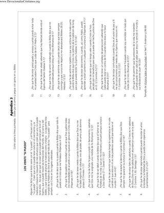 Apéndice 3

¿Por qué he de decir que no puedo cuando la Biblia dice que todo lo
puedo en Cristo que me fortalece (Filipenses 4:13)?

¿Por qué he de padecer necesidad cuando sé que Dios suplirá todas
mis necesidades de acuerdo a sus riquezas en gloria en Cristo Jesús
(Filipenses 4:19)?

¿Por qué he de tener miedo cuando la Biblia dice que Dios no me
ha dado espíritu de cobardía, sino de poder, de amor y de dominio
propio (2 Timoteo 1:7)?

¿Por qué me ha de faltar fe para cumplir mi llamamiento, sabiendo
que Dios me ha asignado una medida de fe (Romanos 12:3)?

¿Por qué he de ser débil cuando la Biblia dice que el Señor es la
fortaleza de mi vida y que yo me esforzaré y actuaré porque conozco
a Dios (Salmo 27:1; Daniel 11:32)?

¿Por qué he de permitir que Satanás tenga la supremacía en mi vida
cuando el que está en mí es más poderoso que el que está en el
mundo (1 Juan 4:4)?

¿Por qué he de aceptar la derrota cuando la Biblia dice que Dios
siempre me guiará en la victoria (2 Corintios 2:14)?

¿Por qué he de estar falto de sabiduría cuando Cristo es mí sabiduría
de Dios y Dios me da sabiduría en abundancia cuando se la pido
(1 Corintios 1:30; Santiago.1:5)?

¿Por qué he de estar deprimido cuando puedo recordar el amor,
la bondad y la fidelidad de Dios y puedo tener esperanza
(Lamentaciones 3:21-23)?

1.

2.

3.

4.

5.

6.

7.

8.

9.

Alguien ha dicho que el éxito viene con el “sí puedo”, y el fracaso con el
“no puedo”. Creer que uno sí puede tener éxito en el crecimiento y la
madurez cristiana no requiere de más esfuerzo que creer que uno no puede
tener éxito. Así que, por qué no creer que sí puede caminar por fe en el
Espíritu, que sí puede resistir las tentaciones del mundo, de la carne y del
diablo, y que sí puede alcanzar la madurez como cristiano. La siguiente lista
tomada de la Palabra de Dios le sacará del lodo de los “no puedo” para
sentarlo con Cristo en los lugares celestiales:

LOS VEINTE “SI PUEDO”
¿Por qué he de estar preocupado y ansioso cuando puedo echar toda
mi ansiedad sobre Cristo que cuida de mí (1 Pedro 5:7)?

12.

¿Por qué he de sentirme solo cuando Jesús dijo que está siempre
conmigo y que nunca me dejará ni me abandonará (Mateo 28:20;
Hebreos 13:5)?

¿Por qué me he de sentir condenado cuando la Biblia dice que no
estoy condenado porque estoy en Cristo (Romanos 8:1)?

11.

15.

¿Por qué he de sentir que no tengo valor cuando Cristo se hizo
pecado por mi beneficio para que yo pueda ser hecho justicia de Dios
en El (2 Corintios 5:21)?

¿Por qué he de estar descontento, cuando, así como Pablo, puedo
aprender a estar contento en cualquier circunstancia (Filipenses 4:11)?

14.

¿Por qué he de estar confundido cuando Dios es el autor de paz y El
me da conocimiento por medio de su Espíritu que mora en mí
(1 Corintios 14:33; 2:12)?
¿Por qué he de sentirme fracasado cuando soy vencedor en todo por
medio de Cristo (Romanos 8:37)?
¿Por qué he de permitir que las presiones de la vida me molesten
cuando puedo tener valor al saber que Jesús ha vencido el mundo y
sus tribulaciones (Juan 16:33)?

17.

18.

19.
20.

Tomado de Victoria Sobre La Oscuridad, por Neil T. Anderson p.96-99

¿Por qué he de tener un complejo de persecución sabiendo que
nadie puede estar en contra de mí cuando Dios está a mi favor
(Romanos 8:31)?

16.

¿Por qué he de sentirme maldito o que soy víctima de la mala suerte
cuando la Biblia dice que Cristo me redimió de la maldición de la ley
para que pueda recibir Su Espíritu (Gálatas 3:13-14)?

13.

¿Por qué he de estar atado sabiendo que hay libertad donde está el
Espíritu del Señor (Gálatas 5:1)?

10.

Corte sobre la línea punteada. Doble por el centro y pegue con goma en su Biblia

www.DevocionalesCristianos.org

 
