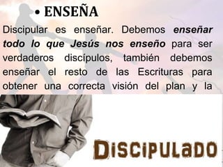 • ENSEÑA
Discipular es enseñar. Debemos enseñar
todo lo que Jesús nos enseño para ser
verdaderos discípulos, también debemos
enseñar el resto de las Escrituras para
obtener una correcta visión del plan y la
voluntad de Dios para con nuestras vidas.
 