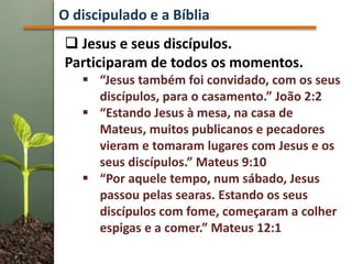  Jesus e seus discípulos.
Participaram de todos os momentos.
 “Jesus também foi convidado, com os seus
discípulos, para o casamento.” João 2:2
 “Estando Jesus à mesa, na casa de
Mateus, muitos publicanos e pecadores
vieram e tomaram lugares com Jesus e os
seus discípulos.” Mateus 9:10
 “Por aquele tempo, num sábado, Jesus
passou pelas searas. Estando os seus
discípulos com fome, começaram a colher
espigas e a comer.” Mateus 12:1
O discipulado e a Bíblia
 