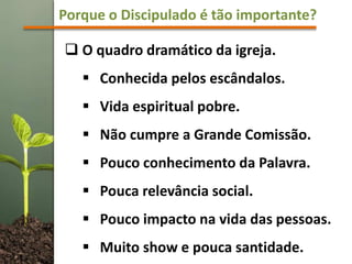 Porque o Discipulado é tão importante?
 O quadro dramático da igreja.
 Conhecida pelos escândalos.
 Vida espiritual pobre.
 Não cumpre a Grande Comissão.
 Pouco conhecimento da Palavra.
 Pouca relevância social.
 Pouco impacto na vida das pessoas.
 Muito show e pouca santidade.
 