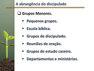  Grupos Menores.
 Pequenos grupos.
 Escola bíblica.
 Grupos de discipulado.
 Reuniões de oração.
 Grupos de estudo caseiro.
 Departamentos e ministérios.
A abrangência do discipulado
 