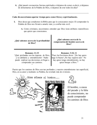21
6. ¿Qué pasará connuestras fuerzas espirituales si dejamos de comer, es decir, si dejamos
de alimentarnos de la Palabra de Dios, si dejamos de orar todos los días?
____________________________________________________________________
Cada día necesitamos apartar tiempo para comer físicay espiritualmente.
I. Dios desea que estudiemos la Biblia para que le conozcamos mejor. El comprender la
Palabra de Dios nos llevará a amarlo más y a confiar más en él.
A. Como cristianos, necesitamos entender que Dios tiene atributos maravillosos
que quiere que conozcamos.
¿Qué sabemos acerca de la profundidad
de Dios?
¿Qué sabemos acerca de la
comprensión del hombre acerca de
Dios?
Romanos 11:33
“¡Qué profundas son las riquezas de Dios,
y su sabiduría y entendimiento! Nadie
puede explicar sus decisiones, ni llegar a
comprender sus caminos.
”
Romanos 3:10, 11
“Pues las Escrituras dicen: ‘¡No hay quien
haga lo bueno! ¡No hay siquiera uno! No
hay quien tenga entendimiento, no hay
quien busque a Dios.’”
Puesto que los caminos de Dios son tan profundos y nuestro entendimiento tan superficial,
Dios, en su amor y mediante su Palabra, ha revelado más de sí mismo.
El hombre, a causa
del pecado y la falta
de conocimiento, no
puede comprender
los caminos de Dios
.
 