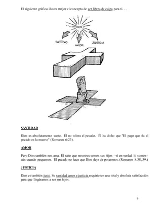 9
El siguiente gráfico ilustra mejor el concepto de ser libres de culpa para ti. . .
SANTIDAD
Dios es absolutamente santo. Él no tolera el pecado. Él ha dicho que "El pago que da el
pecado es la muerte" (Romanos 6:23).
AMOR
Pero Dios también nos ama. Él sabe que nosotros somos sus hijos --si en verdad lo somos--
aún cuando pequemos. El pecado no hace que Dios deje de poseernos. (Romanos 8:38, 39.)
JUSTICIA
Dios es también justo. Su santidad amor y justicia requirieron una total y absoluta satisfacción
para que llegáramos a ser sus hijos.
 