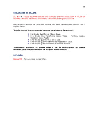 15
RESULTADOS DA ORAÇÃO:
At. 2:4  TODOS FICARAM CHEIOS DO ESPIRITO SANTO E PASSARAM A FALAR EM
OUTRAS LINGUAS, SEGUNDO O ESPIRITO LHES CONCEDIA QUE FALASSEM.
Eles falaram a Palavra de Deus com ousadia, um efeito causado pelo batismo com o
Espírito Santo.
“Oração move o braço que move o mundo para trazer o livramento”.
 É a Oração Que Move a Mão de Deus.
 É a Oração Que Transforma Nossas Vidas, Famílias, Igrejas,
Cidades e Nossa Nação.
 È na Oração Que Ouvimos a Sua Voz.
 É na Oração Que Descobrimos os Propósito de Deus.
 É na Oração Que Conhecemos a Vontade de Deus.
“Precisamos modificar as nossas vidas a fim de modificarmos os nossos
corações, pois é impossível viver de um jeito e orar de outro”.
REFLEXÃO:
Salmo 90 – Aprendemos a compartilhar.
 