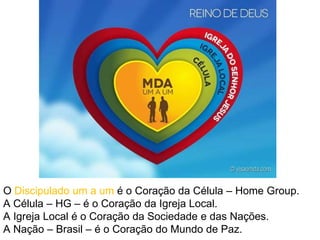 O Discipulado um a um é o Coração da Célula – Home Group.
A Célula – HG – é o Coração da Igreja Local.
A Igreja Local é o Coração da Sociedade e das Nações.
A Nação – Brasil – é o Coração do Mundo de Paz.
 